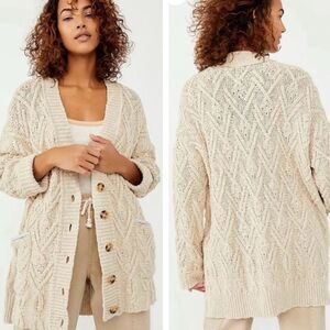 Free People Montana Cardigan Sz XL Chunky Cable Knit Pocket Tea/Cream